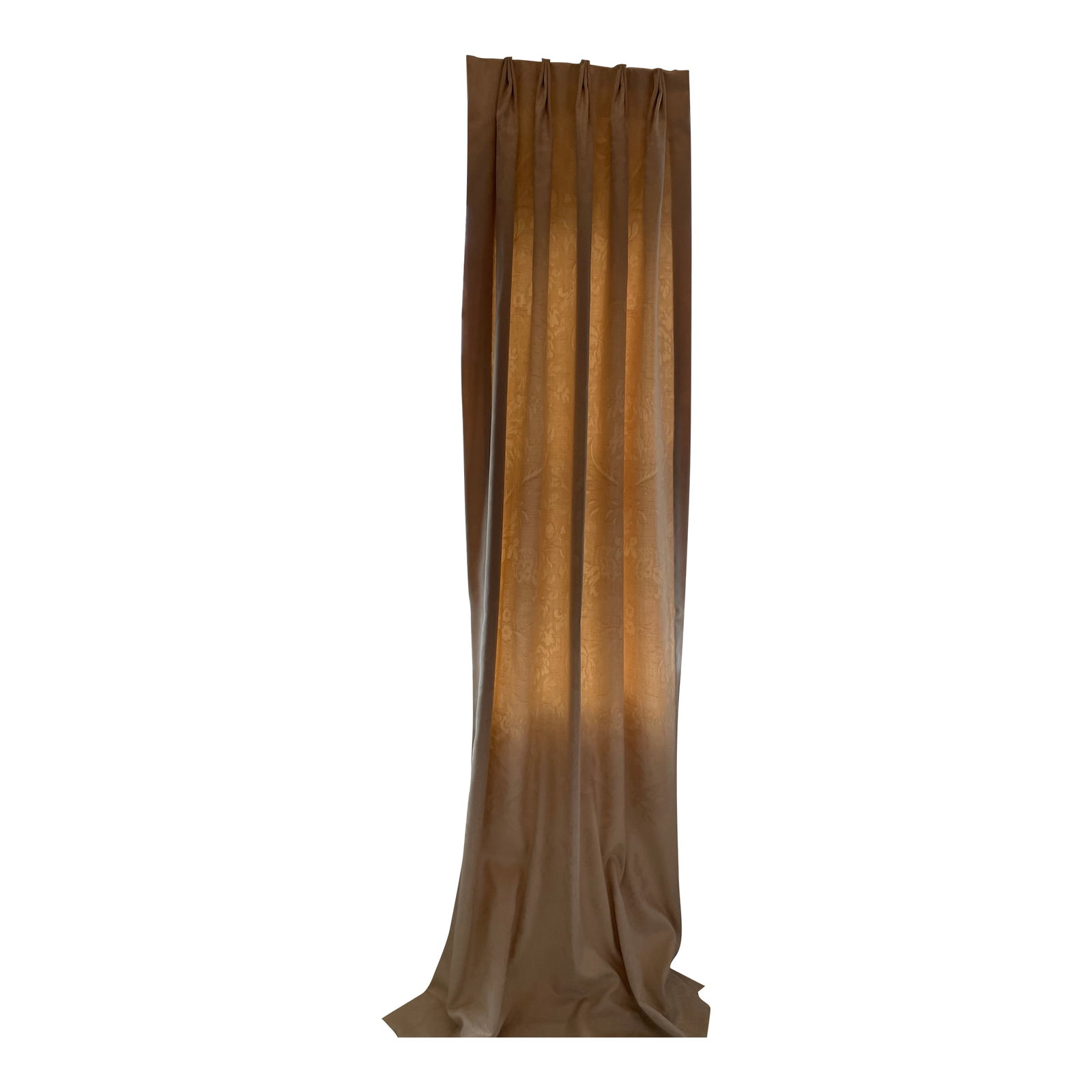 Set of 4 Taupe Wool Challis Drapery Panels: Set of four lovely non-working light taupe drapery panels. These drapery panels are made of high quality imported wool challis from in a beautiful damask pattern. They are fully lined in ivory cotton