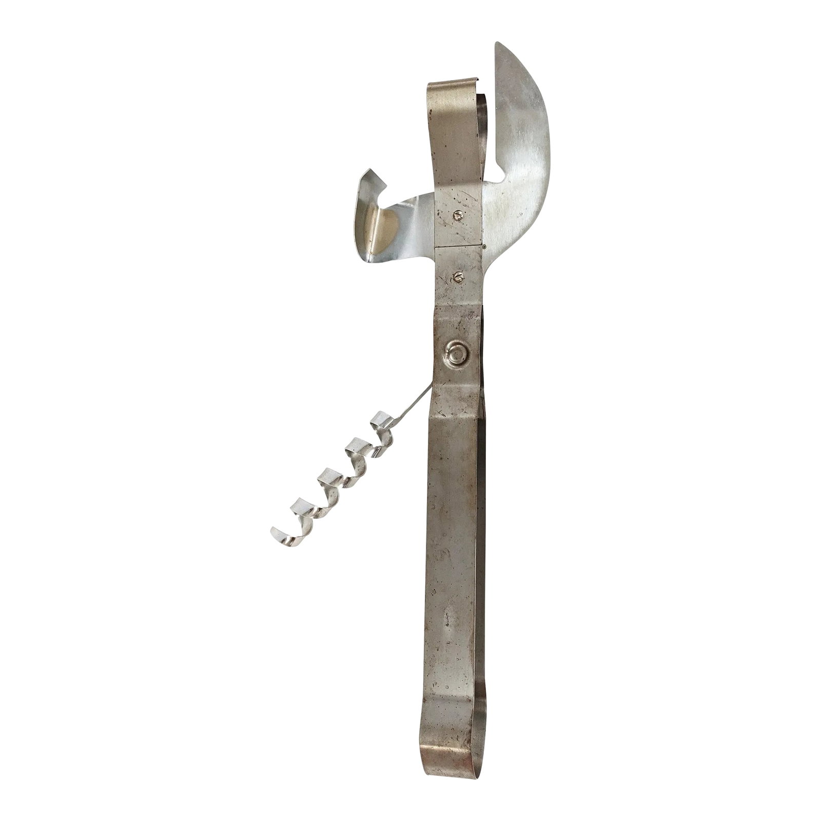 Vintage Curtis Jere Can Opener Wall Pop Art Sculpture: This over-sized Curtis Jere wall sculpture of a cork-screw, can opener dated 1979 is made from steel and retains the Jere signature. This Mid-century sculpture is from a range of oversized kitchen ute