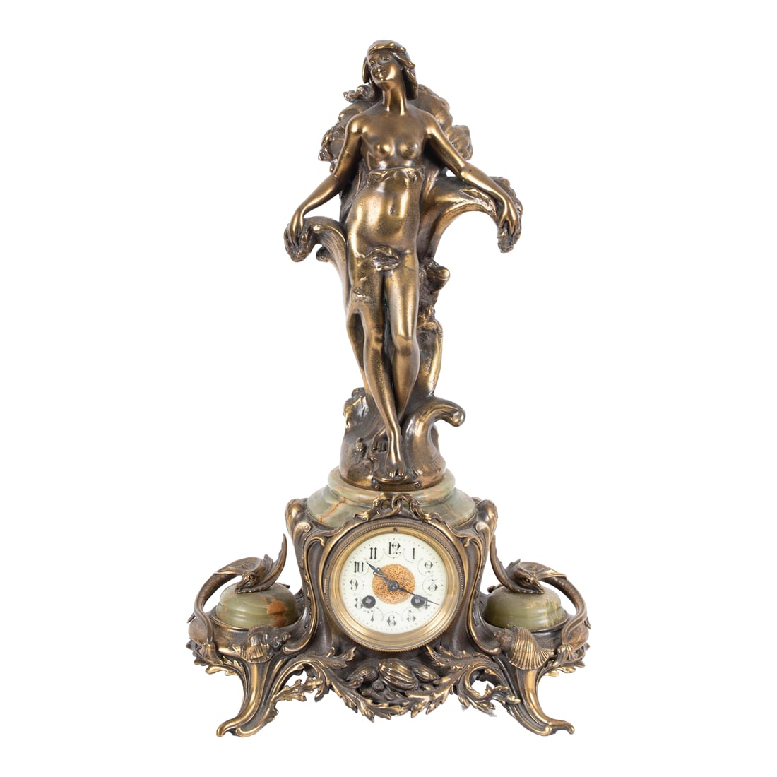 French Art Nouveau Gilt Bronze & Onyx Figural Mantel Clock Signed Ferrand, Circa 1900: An exceptional French Art Nouveau gilt bronze mantel clock featuring a graceful female figure signed "Ferrand," resting above a richly ornamented nautical-themed case. The sculptural bronze depicts an