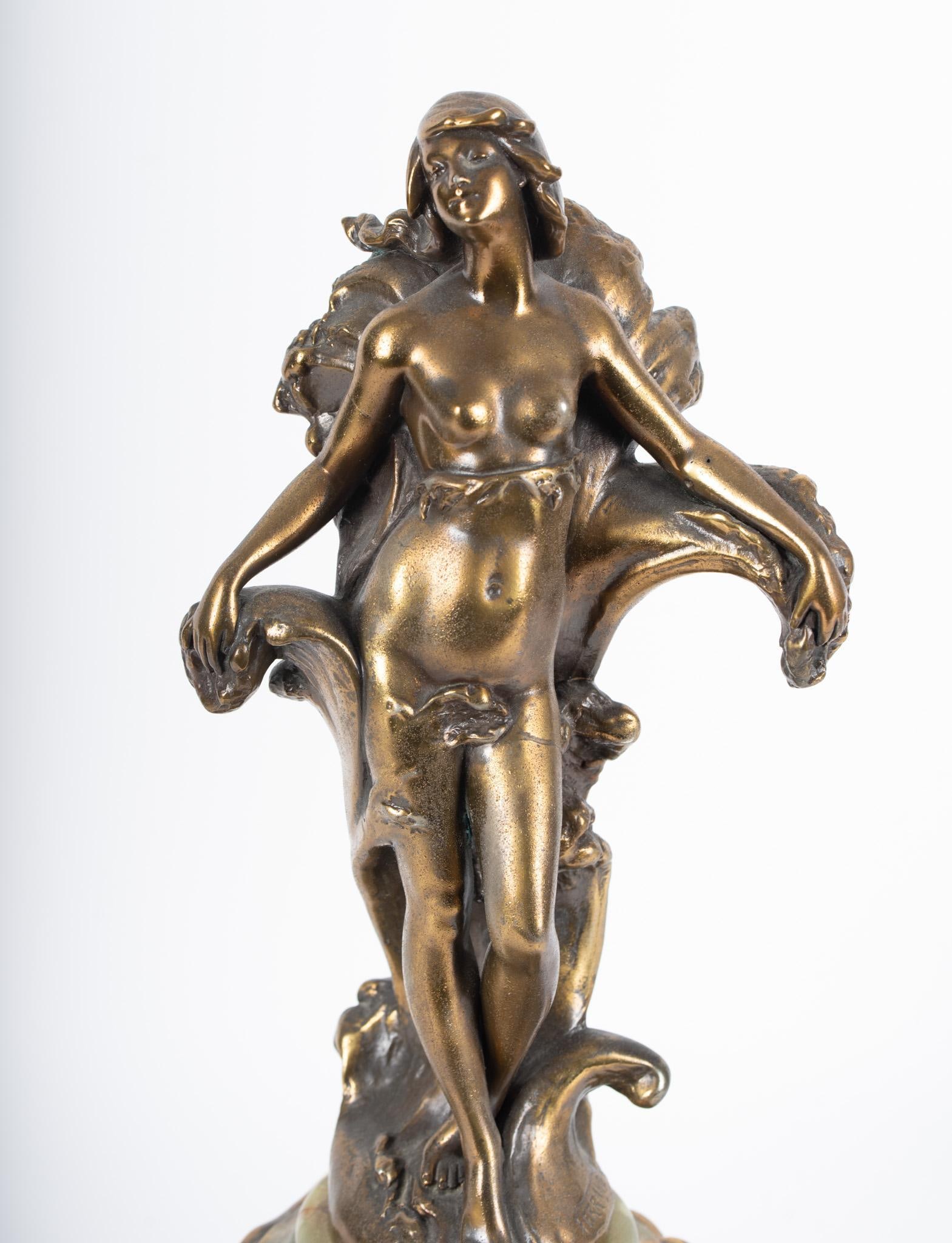 French Art Nouveau Gilt Bronze & Onyx Figural Mantel Clock Signed Ferrand, Circa 1900 - 2