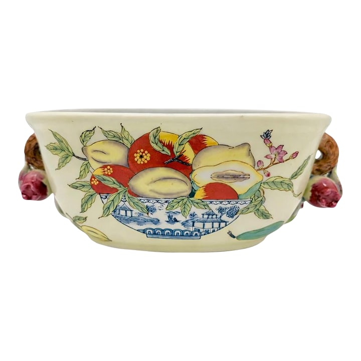 Vintage Chinese Chinoiserie Porcelain Foot Bath Planter With Pomegranate Handles - Hua Rong Tang Mar: Elevate your interior with this vintage Chinese export porcelain foot bath, marked Hua Rong Tang Zhi. Featuring sculptural pomegranate-form handles and a vibrant hand-painted fruit-and-Koi motif,