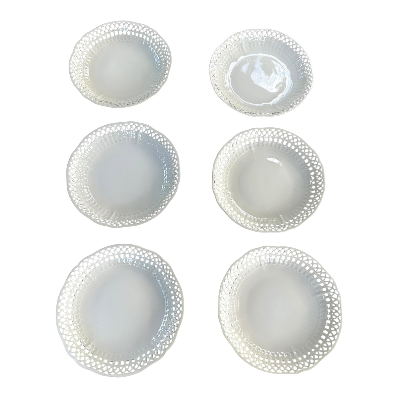 Antique KPM Reticulated Pierced Porcelain Basketweave Pastry Bowls - Set of 6: Stunning set of 6 antique German KPM reticulated pierced white porcelain bowls known as pastry bowls. These are delicate and beautiful in the simplicity and elegance. They measure approximately 7