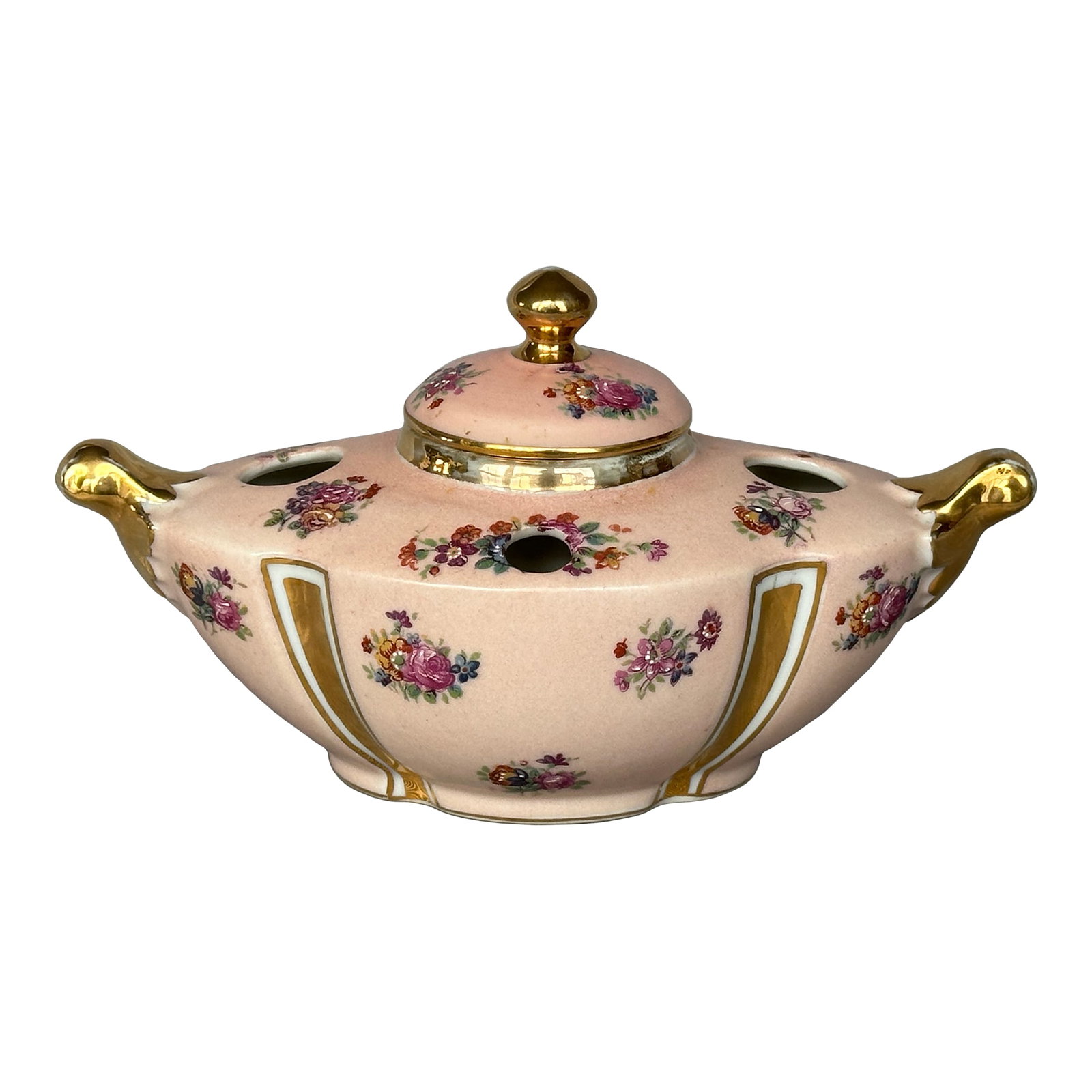 Antique French Porcelain Inkwell: This late 19th century French porcelain inkwell would make an elegant decor accent displayed on a modern desk or living room shelf. The antique hand painted inkwell has gold detailing and is stamped "