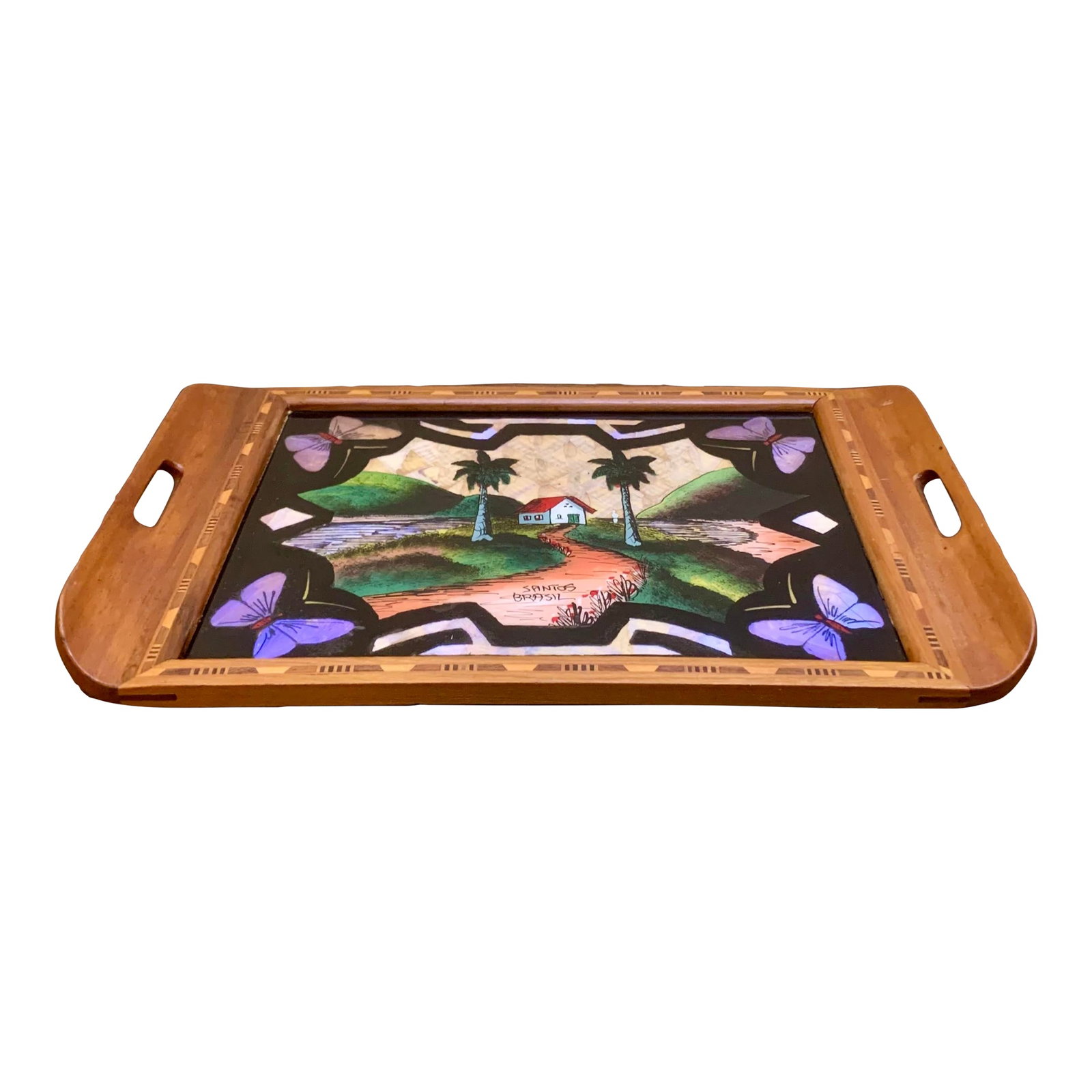 1930s Brazilian Art Deco Butterfly Wing Cocktail Tray Santo's Landscape: Rare 1930s Brazilian Art Deco Butterfly Wing Cocktail Tray - Reverse Glass Painted Santos Landscape with Parrots & Marquetry Frame This striking 1930s Brazilian Art Deco cocktail tray is a rare and