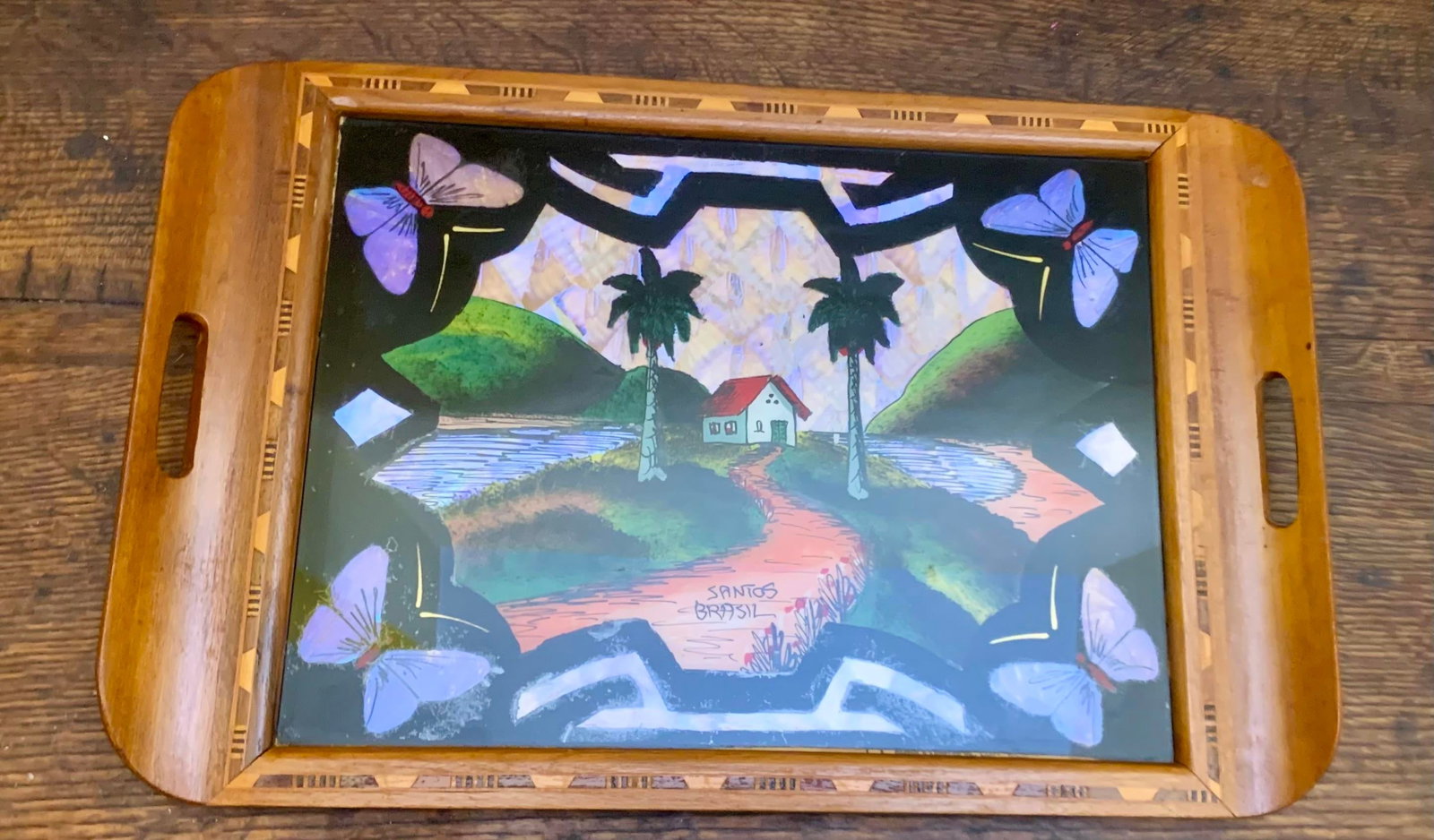 1930s Brazilian Art Deco Butterfly Wing Cocktail Tray Santo's Landscape - 2