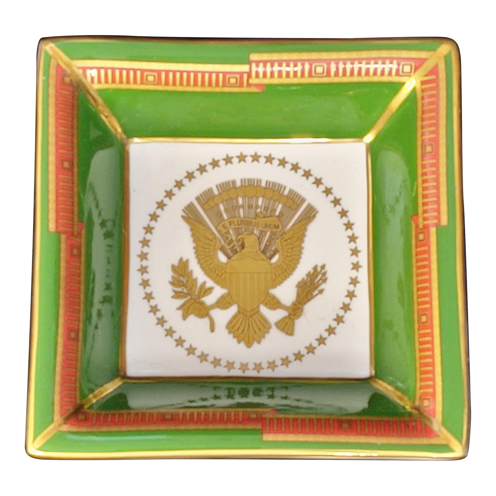 Rare Halcyon Days White House ~ United States Presidential ~ Handcrafted Fine Bone China: Halcyon Days Enamels White House Trinket Tray. Fine Bone China. Made Exclusively for The White House Historical Association. Adorned with the Seal of the President of the United States. Reads: E