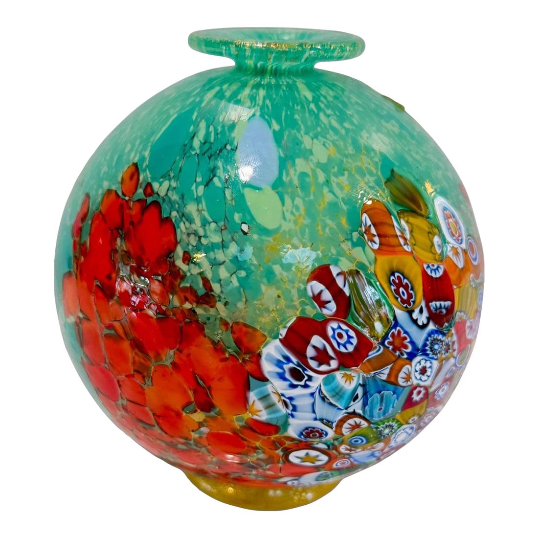 1980s Authentic Murano Art Glass Vase - Millefiori & Aventurine Gold Flecks - Aqua, Red & Multicolor: A stunning handblown Murano art glass vase featuring the iconic Millefiori design in vivid reds, blues, greens, and gold. This round vase showcases an exquisite blend of colorful mosaic canes and shim