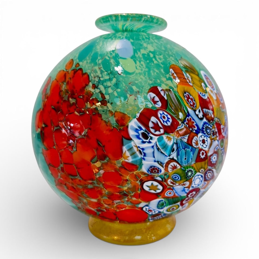 1980s Authentic Murano Art Glass Vase - Millefiori & Aventurine Gold Flecks - Aqua, Red & Multicolor - 2