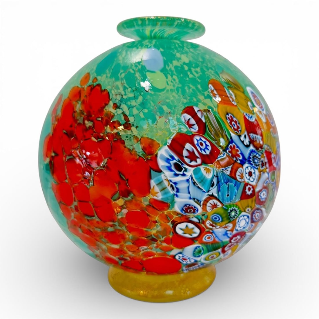 1980s Authentic Murano Art Glass Vase - Millefiori & Aventurine Gold Flecks - Aqua, Red & Multicolor - 3