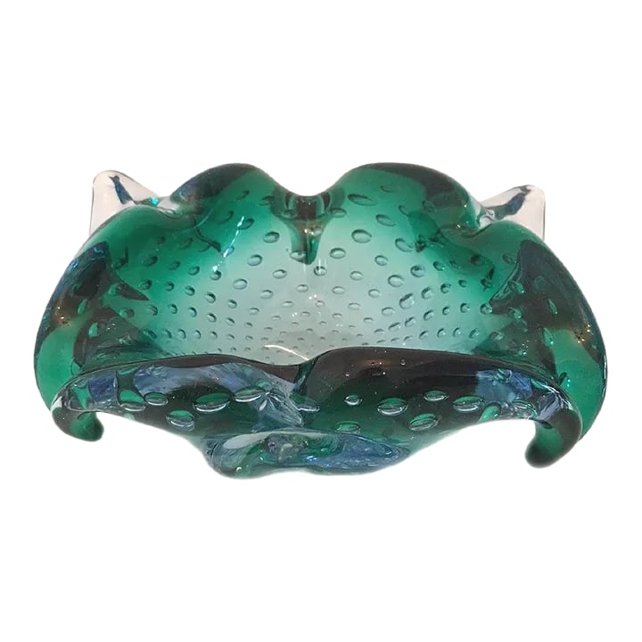 Vintage Murano Glass Folded Free Form Dish Ash Tray in Controlled Bubbles Blue & Green: This dish ash tray is clear with bubbles the colors are blue & green. Just beautiful in person. Measures 6.5x6.6x2" tall. Condition: Alterations: Original Condition Unaltered Imperfections: Some