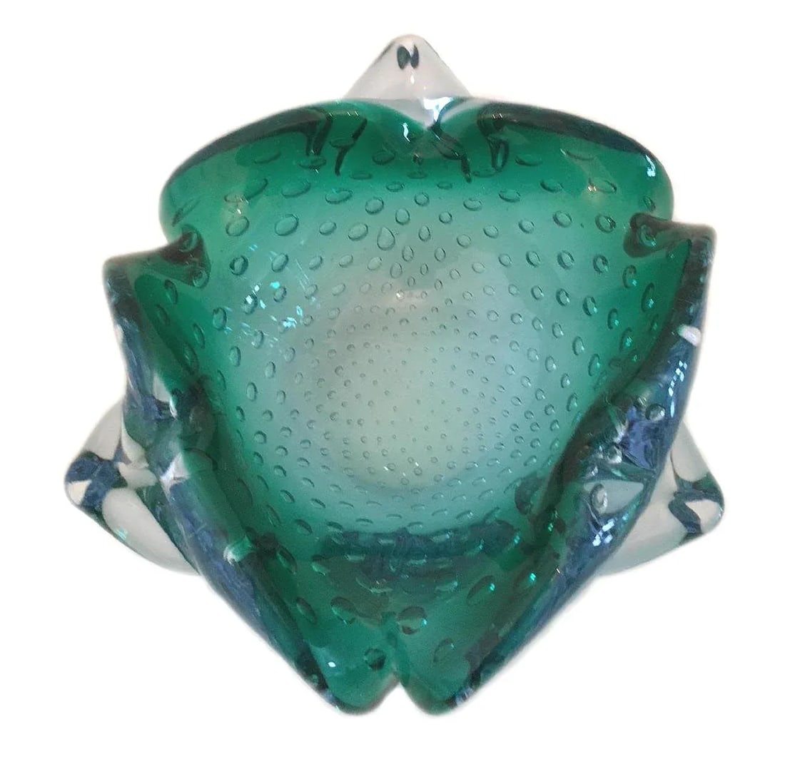 Vintage Murano Glass Folded Free Form Dish Ash Tray in Controlled Bubbles Blue & Green - 2