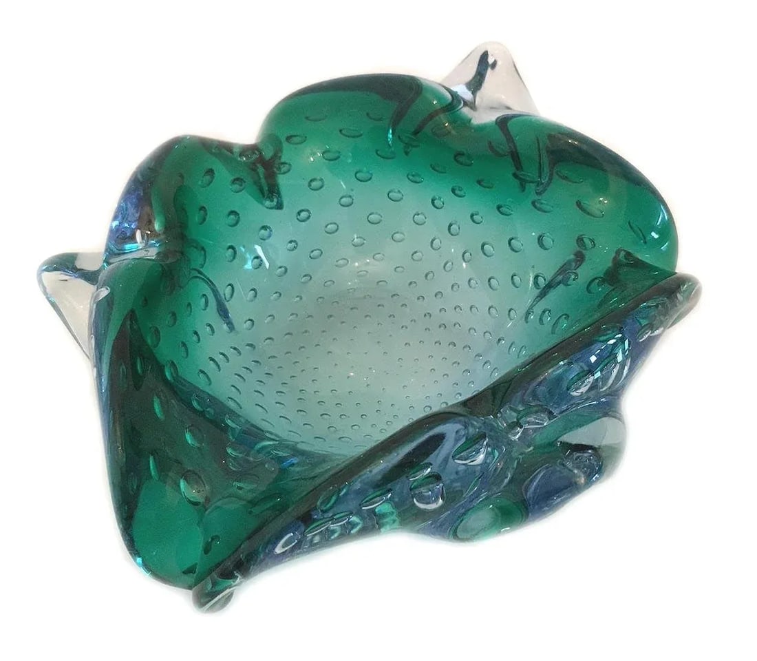 Vintage Murano Glass Folded Free Form Dish Ash Tray in Controlled Bubbles Blue & Green - 3