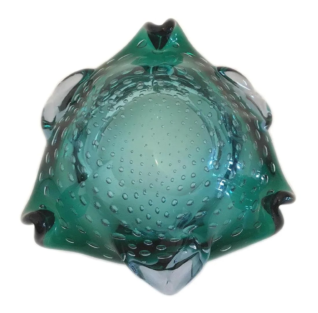 Vintage Murano Glass Folded Free Form Dish Ash Tray in Controlled Bubbles Blue & Green - 4