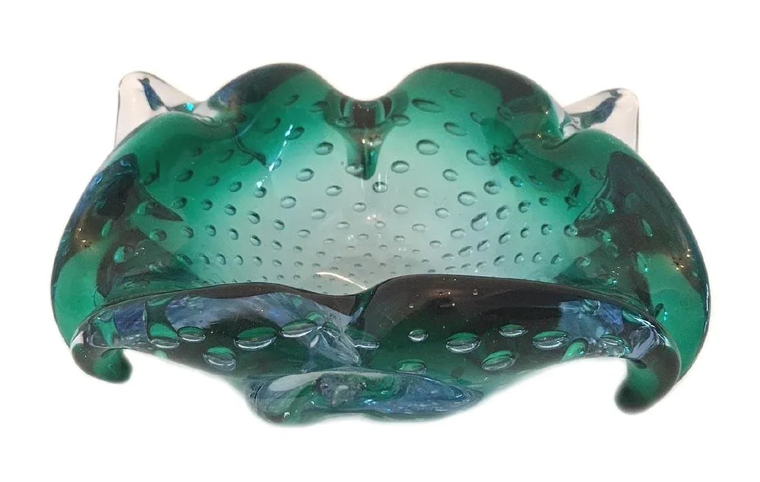 Vintage Murano Glass Folded Free Form Dish Ash Tray in Controlled Bubbles Blue & Green - 5