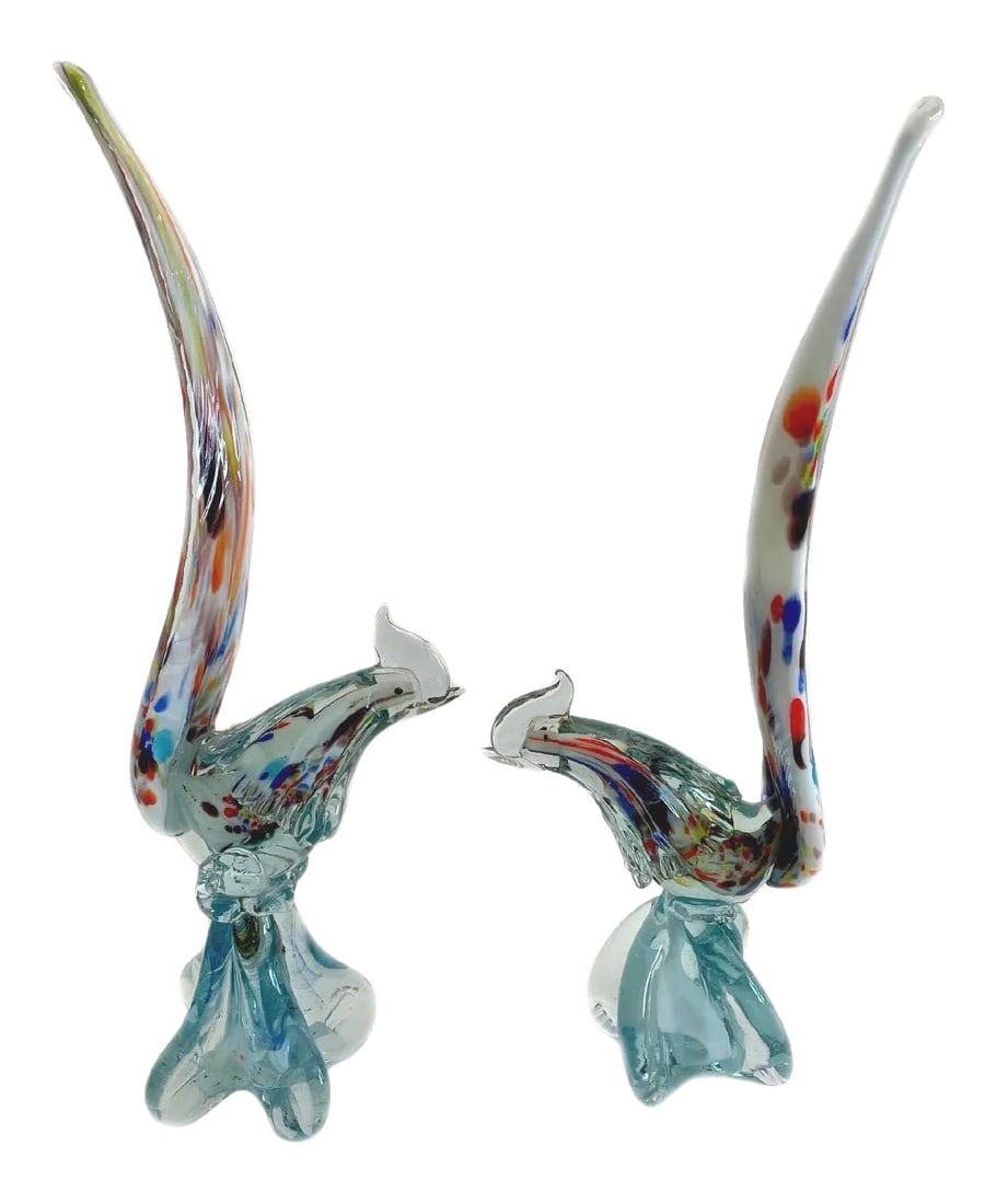 1950s Matching Murano Glass Pheasants Birds - a Pair: These are two matching hand blown Murano Glass Pheasants. They are basically the same size one is on a higher base. They measure H:16" Shorter one is H:14.75" D:3" W:5.5". In excellent condition.