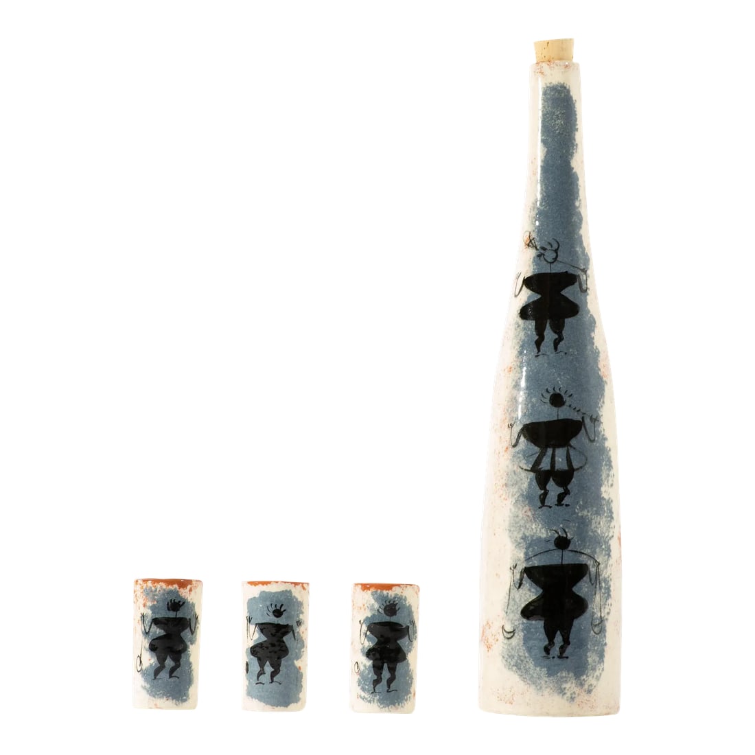 Ron Scharf Signed California Pottery Bottle and Cups: A mid-century ceramic bottle and cups by Southern California ceramic artist Ron Scharf. Three warrior figures are featured upon the front side of this hand-painted white glazed bottle. Each cup has a 