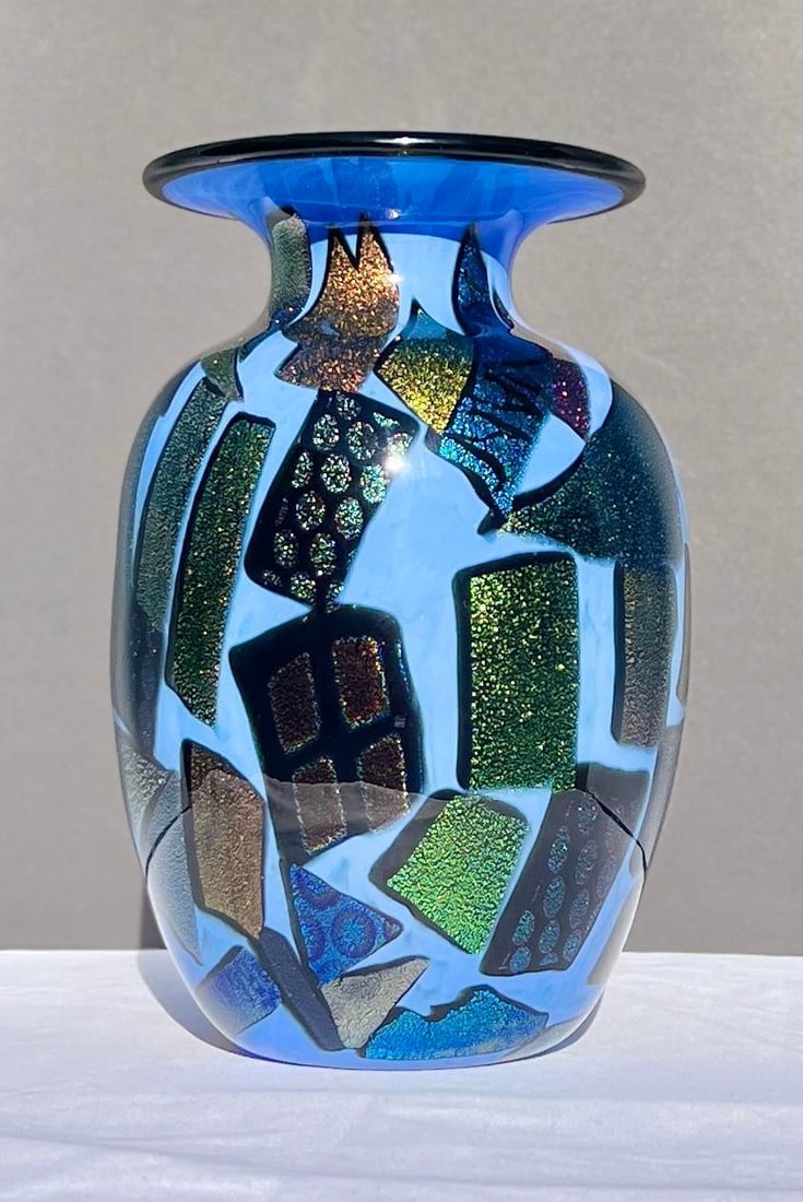 Mad Art Studio Handblown Azure Blue & Dichroic Mosaic Vase - 10