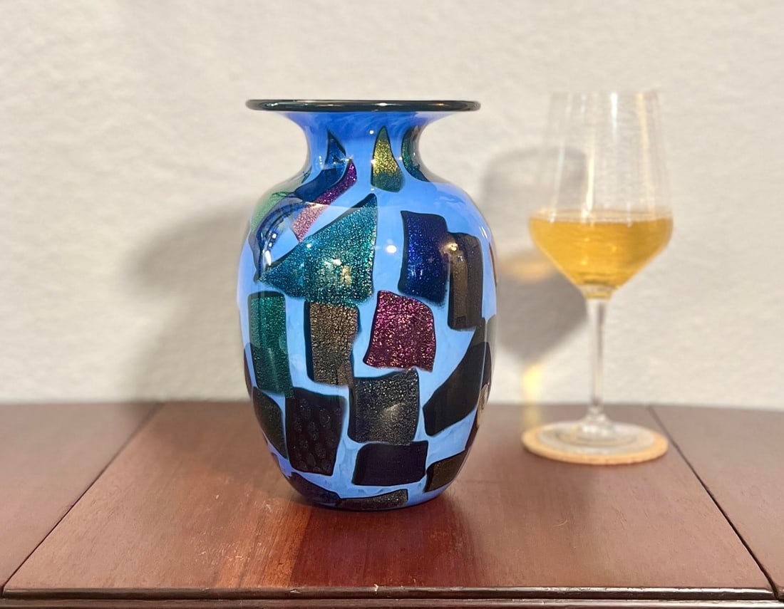 Mad Art Studio Handblown Azure Blue & Dichroic Mosaic Vase - 11