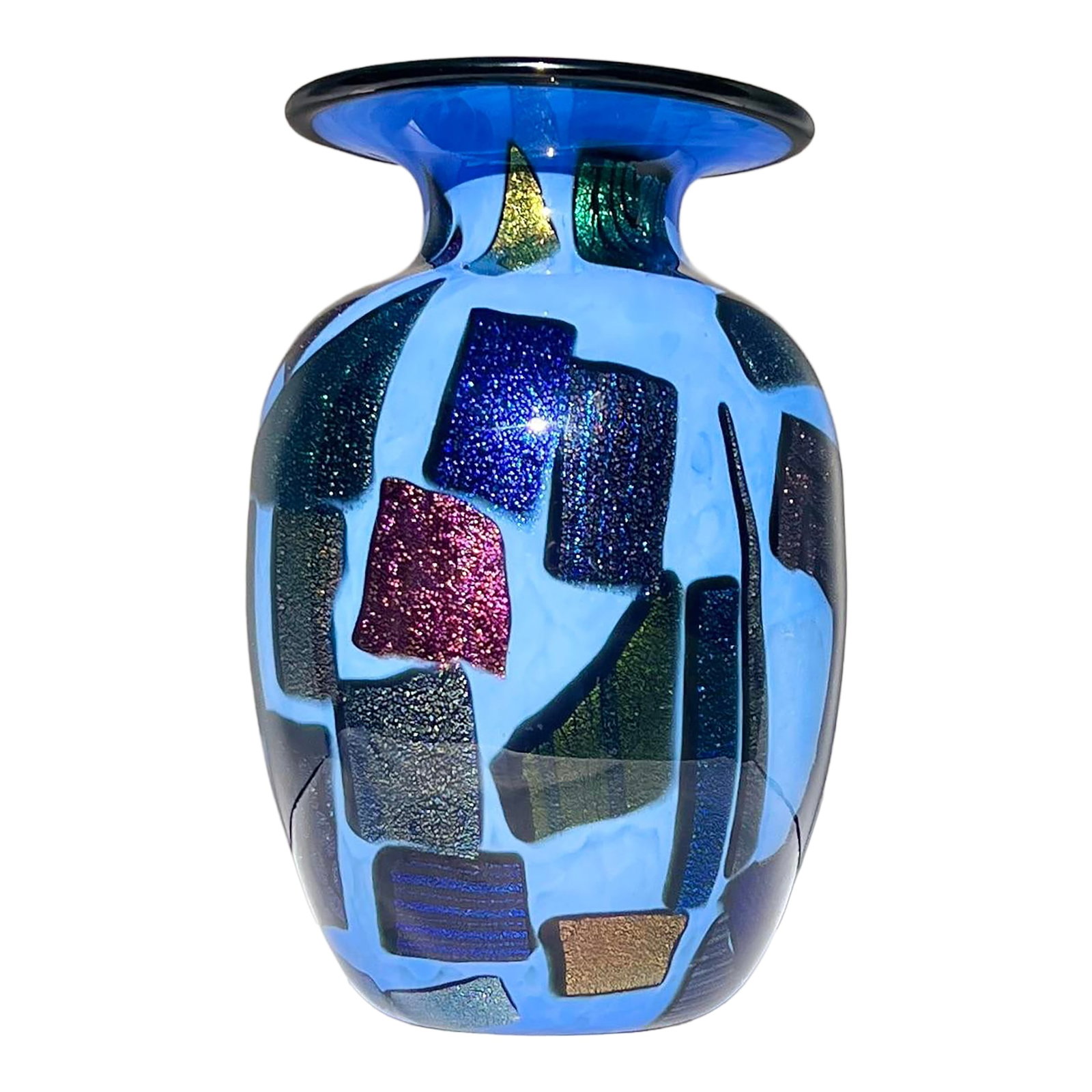 Mad Art Studio Handblown Azure Blue & Dichroic Mosaic Vase (1 of 12)