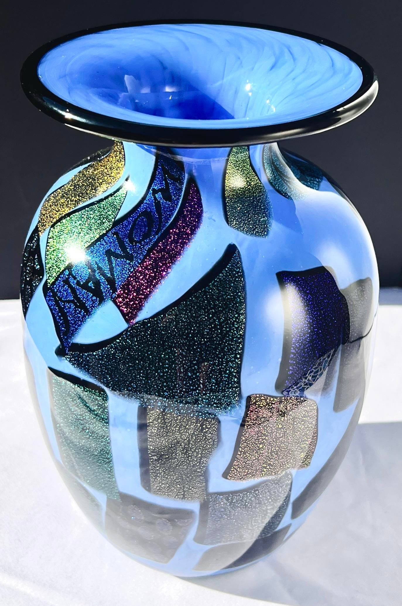 Mad Art Studio Handblown Azure Blue & Dichroic Mosaic Vase - 2