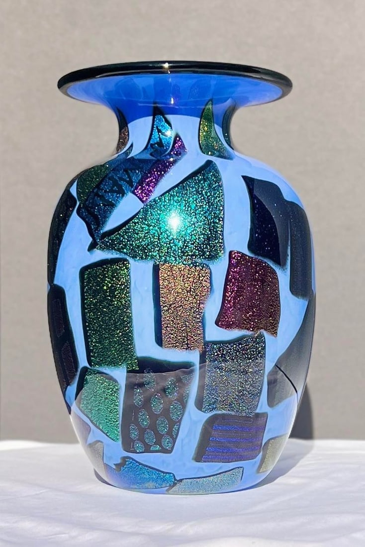 Mad Art Studio Handblown Azure Blue & Dichroic Mosaic Vase - 3