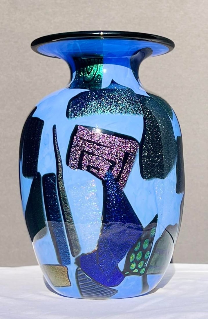 Mad Art Studio Handblown Azure Blue & Dichroic Mosaic Vase - 4