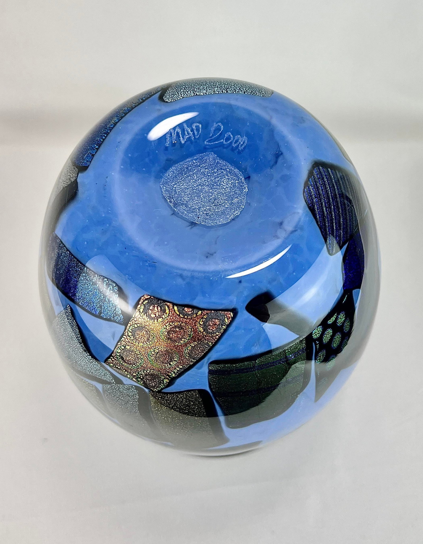 Mad Art Studio Handblown Azure Blue & Dichroic Mosaic Vase - 5