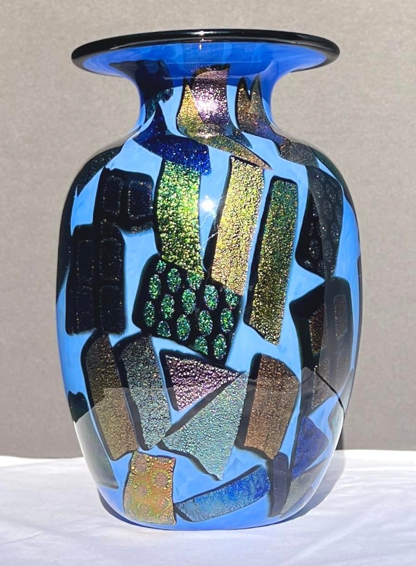 Mad Art Studio Handblown Azure Blue & Dichroic Mosaic Vase - 9
