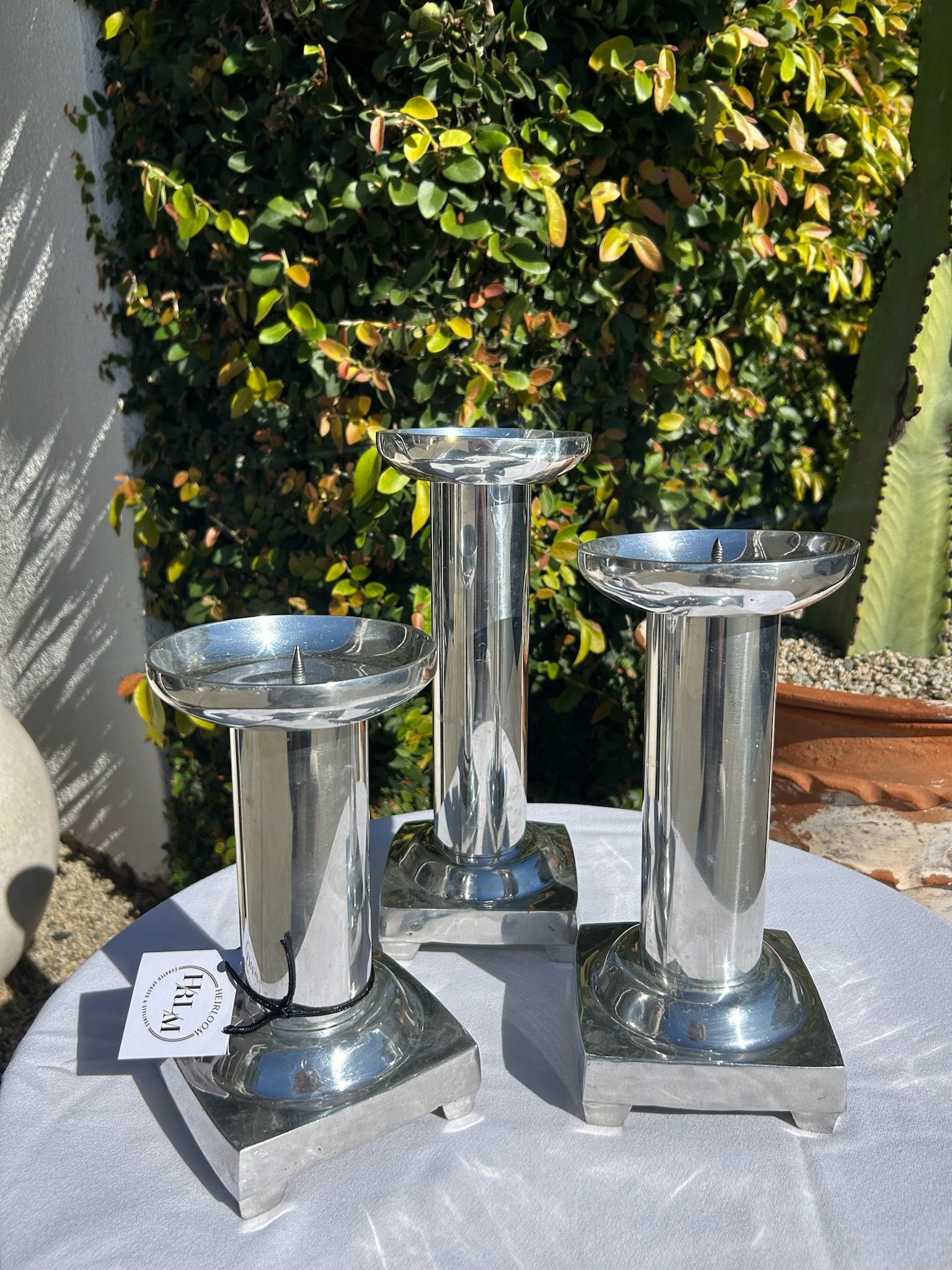 Set of Three Vintage Pewter Silver Candle Holders - 3