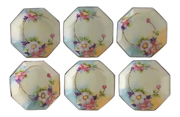Antique Hand-Painted Floral Nippon Octagon Shaped Dessert Plates- Set of 6: Nippon Dessert Plates These plates are hand painted. There is some wear on the gold trim & black trim on a few of the plates. No other significant signs of wear. They display beautifully. Plates