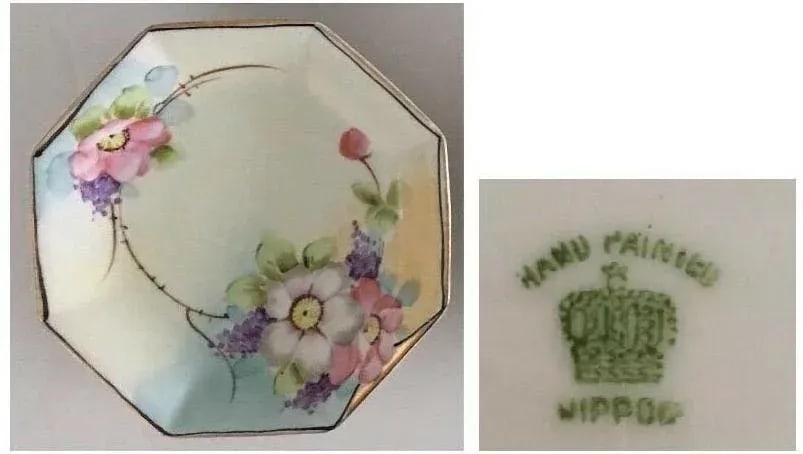 Antique Hand-Painted Floral Nippon Octagon Shaped Dessert Plates- Set of 6 - 2