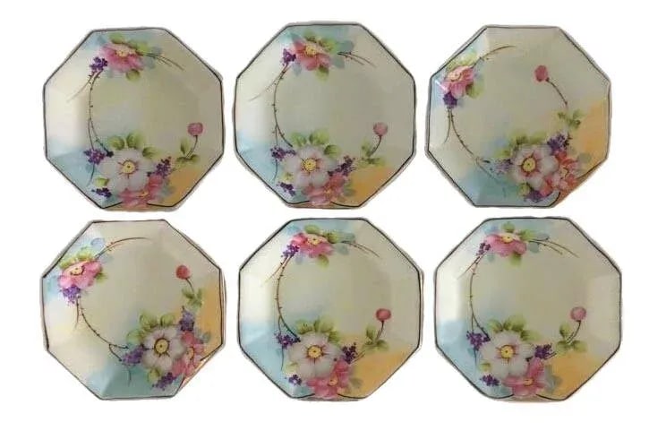 Antique Hand-Painted Floral Nippon Octagon Shaped Dessert Plates- Set of 6 - 3