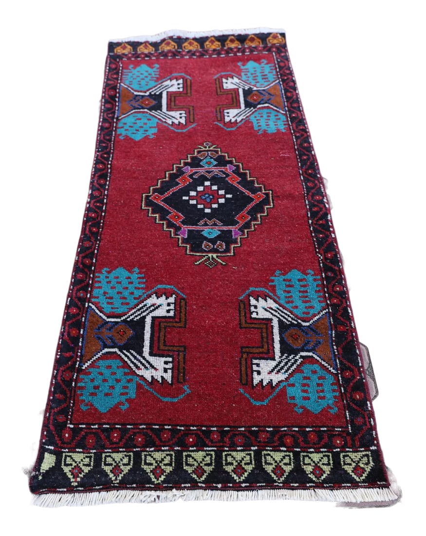 1970s Rustic Red Oriental Hand Knotted Wool Rug: 1970s Rustic Red Oriental Hand Knotted Wool Rug Size: 1.9 x 4 ft ( 56 x 120 cm) 22 x 47 inches Color: Organic Natural Dye ( Burgundy,Blue,Camel,Black,White ) Material: 100% Hand Spun Organic Wool