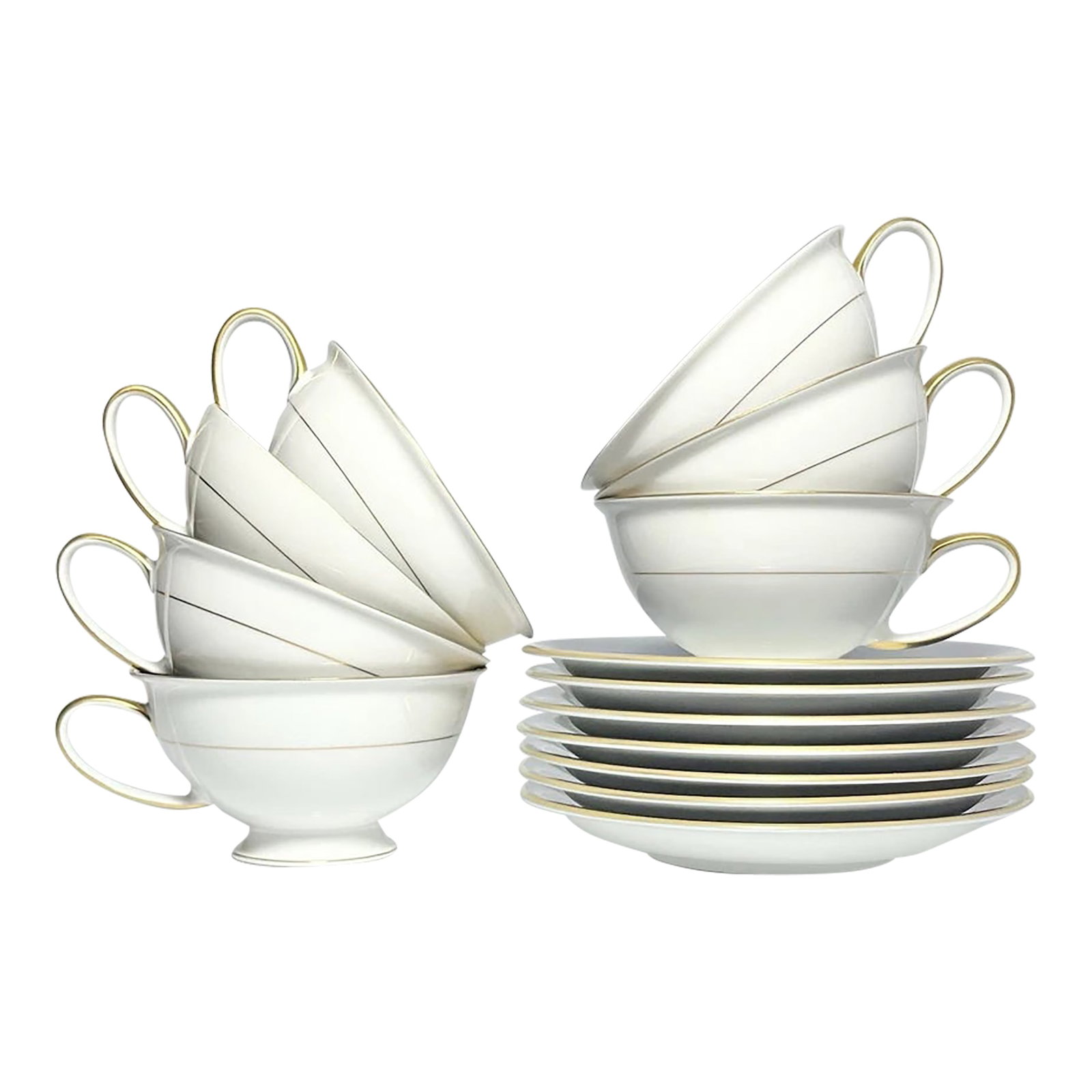 1960s Mid-Century Modern Rosenthal "Dignity" Tea Cups & Saucers - Set of 7: Rosenthal "Dignity" Set of 7 Bone China Tea Cups 2 1/4" 6oz & Saucers 6" Excellent condition. No chips, cracks, or fleabites. Teacup Length (Rim to Handle) 4 3/4" Width (Opening) 4" Height 2 1/4"