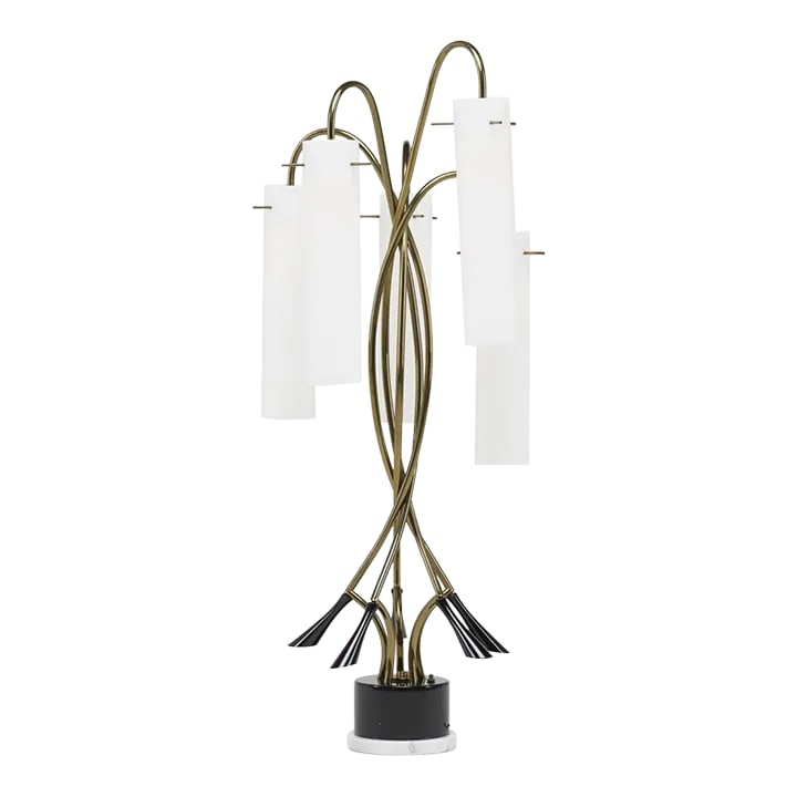 1965 Italian Brass, Milk Glass, and Lacquered Wood Floor Lamp: Floor lamp constructed of brass, milk glass, lacquered wood, with a quartz (looks like marble) base. Wired for American outlets, with five sockets outfitted for standard bulbs. Minor to moderate wear