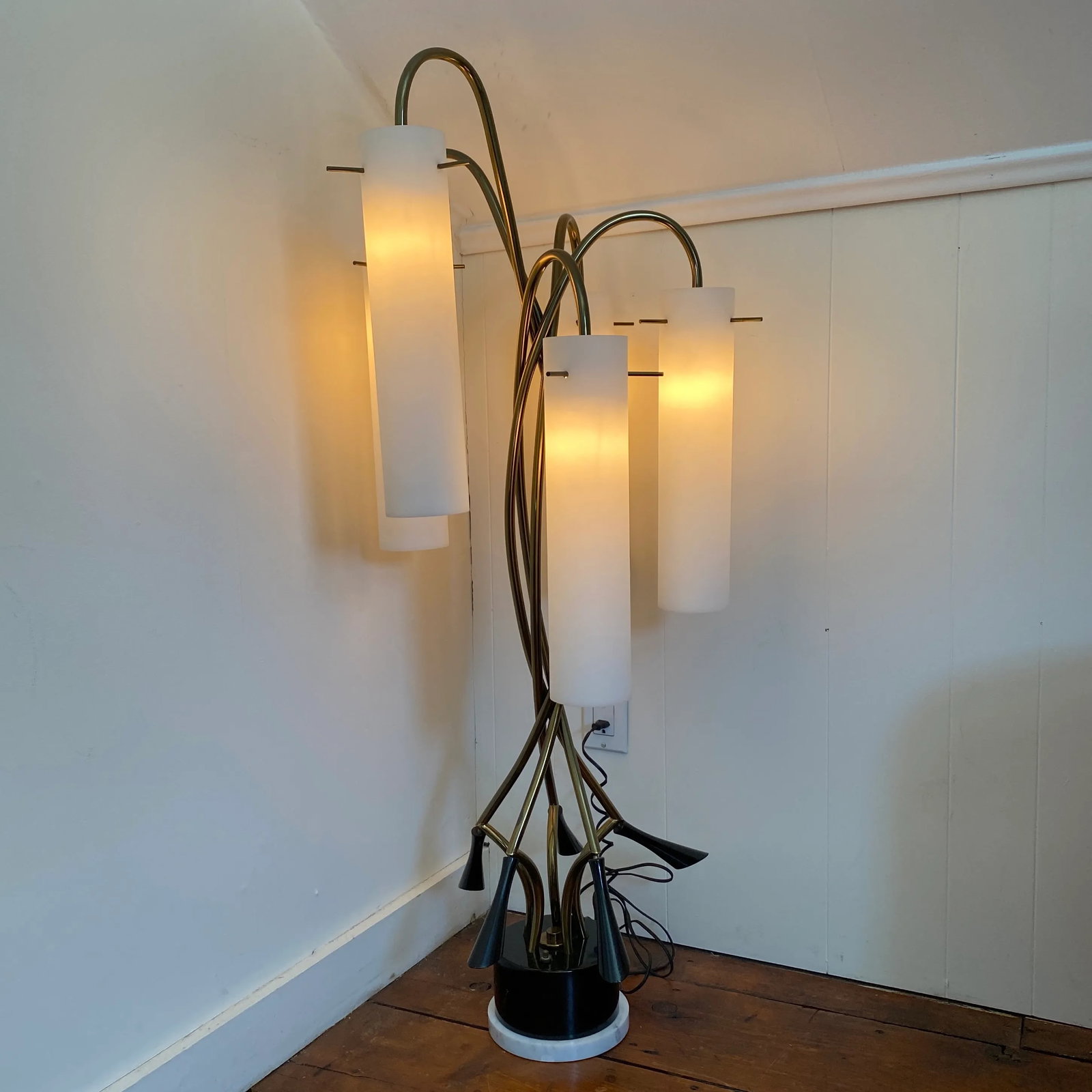 1965 Italian Brass, Milk Glass, and Lacquered Wood Floor Lamp - 5