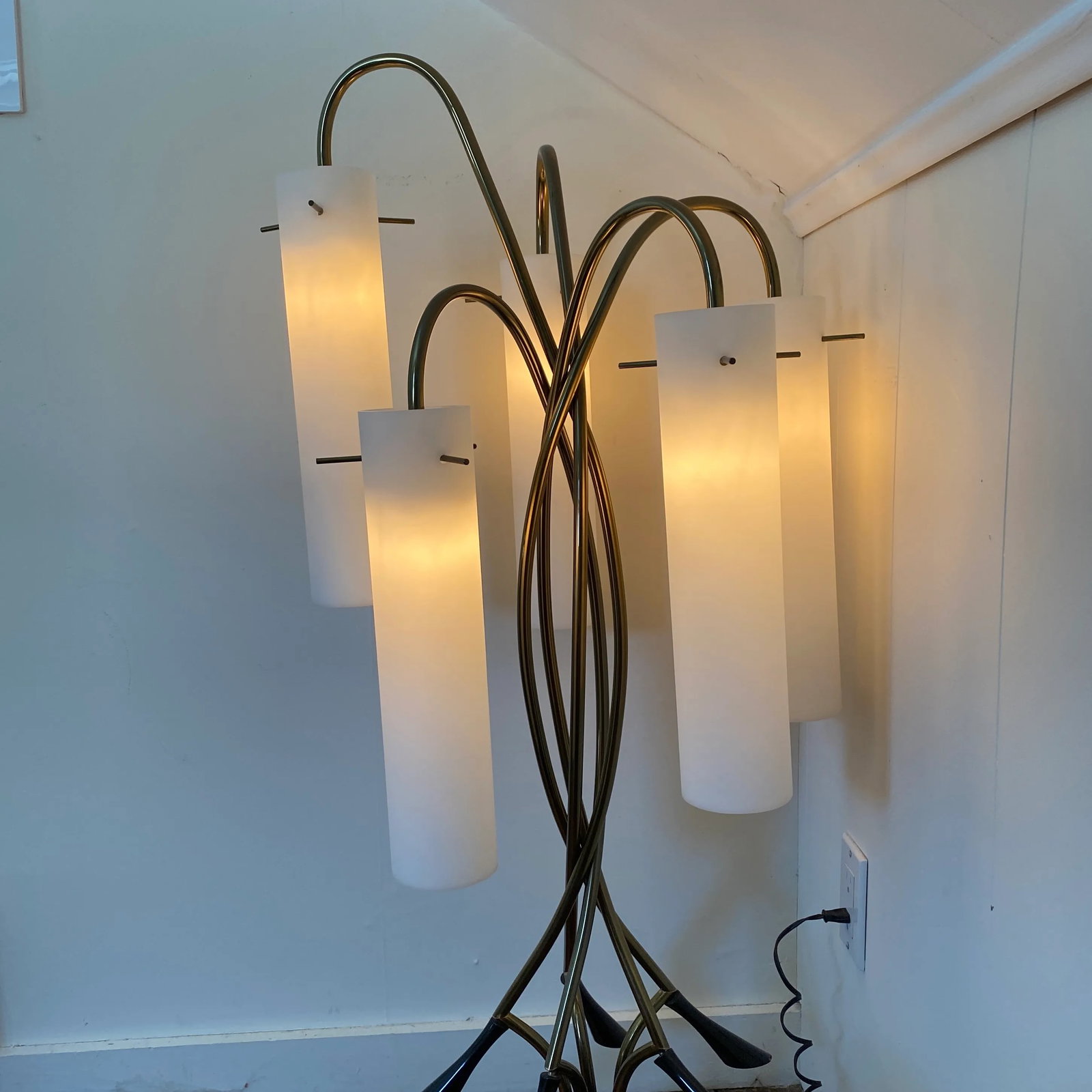 1965 Italian Brass, Milk Glass, and Lacquered Wood Floor Lamp - 7
