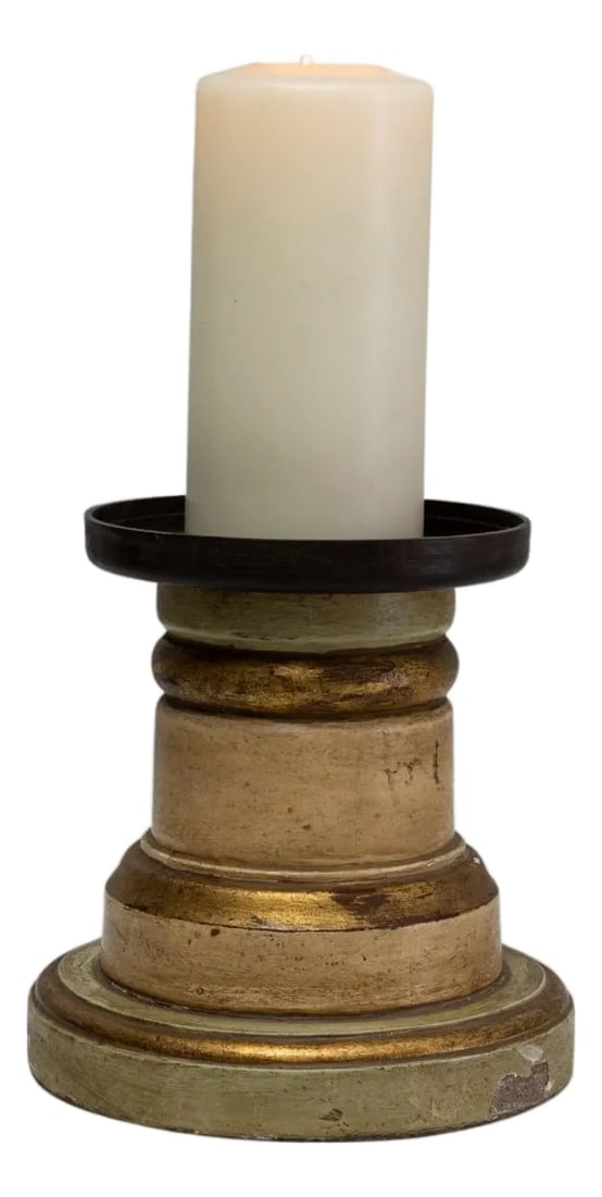 19th Century French Wooden Candlestick Holder: This 19th-century French wooden candlestick holder features a richly patinated, gilded finish and a classic turned silhouette, reflecting the simple elegance of period craftsmanship. The stepped base