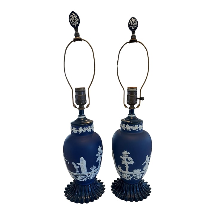 1950s Cobalt Blue Jasperware Table Lamps With Classical Relief - 22" Tall - a Pair: A striking pair of vintage cobalt blue jasperware table lamps featuring crisp white neoclassical relief decoration. These elegant lamps showcase classical Greco-Roman figures in pastoral scenes,