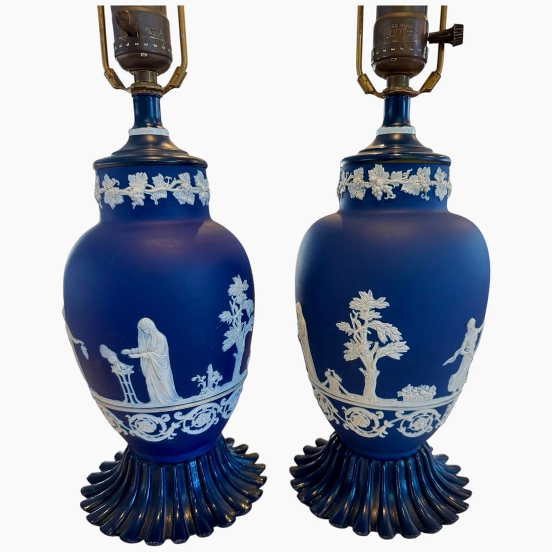 1950s Cobalt Blue Jasperware Table Lamps With Classical Relief - 22" Tall - a Pair - 2
