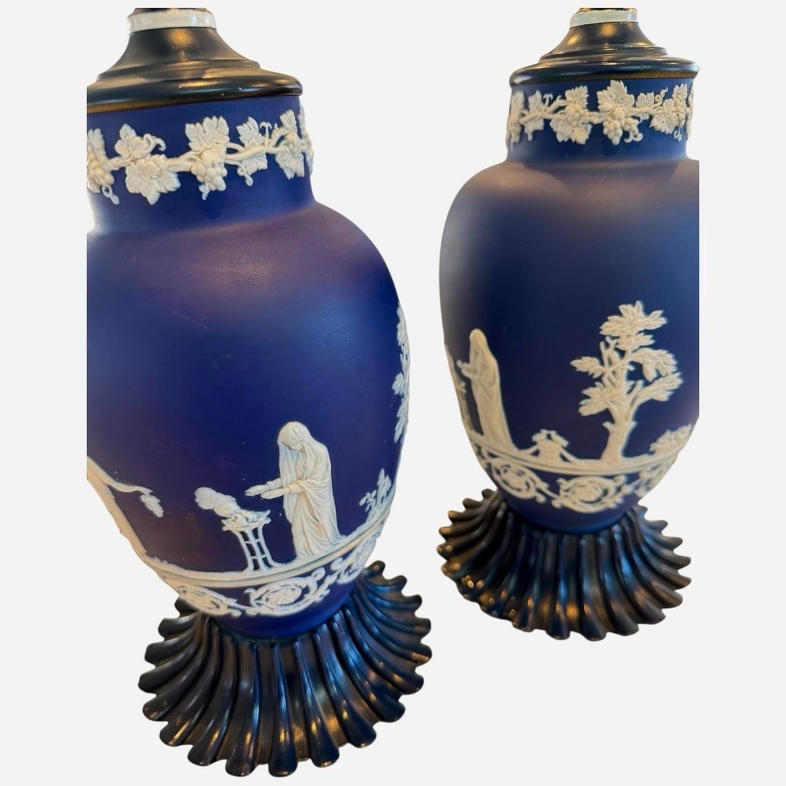 1950s Cobalt Blue Jasperware Table Lamps With Classical Relief - 22" Tall - a Pair - 3