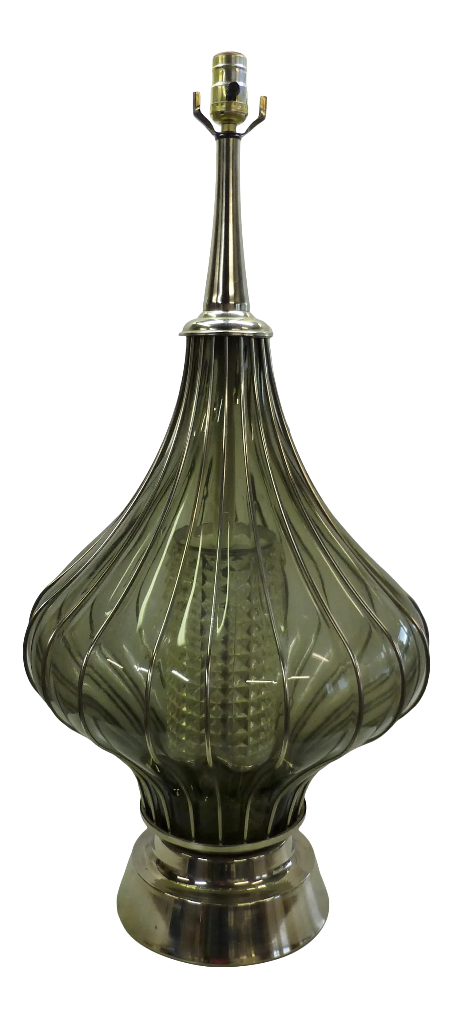 1970s Mid Century Caged Smoke Glass & Chrome Large Table Lamp: Vintage Mid Century modern large round blown caged smoke glass in chrome retro table lamp from the 60's or 70s. This has a pressed diamond-point glass interior globe, which has an opening in the botto