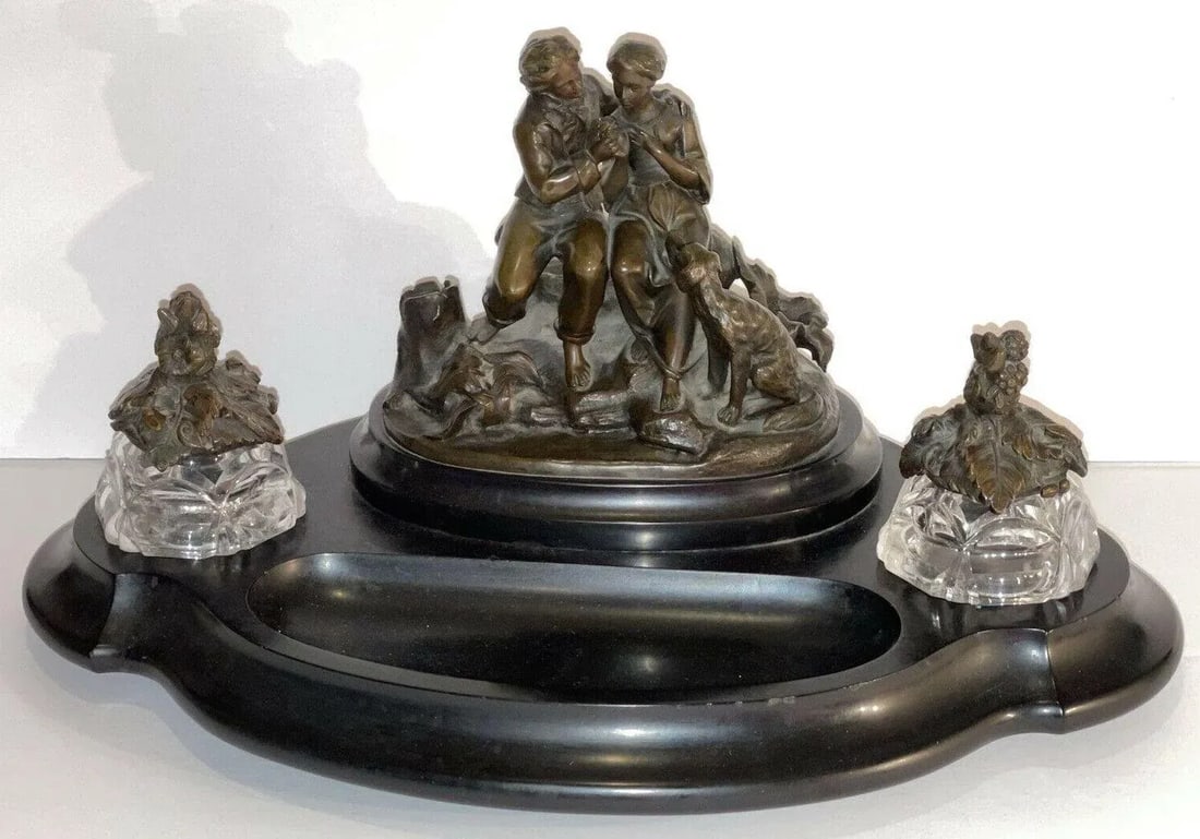 19th Century French Bronze and Crystal Double Inkwell Set With Sculpture, "Paul Et Virginie" - 5 Pie - 12
