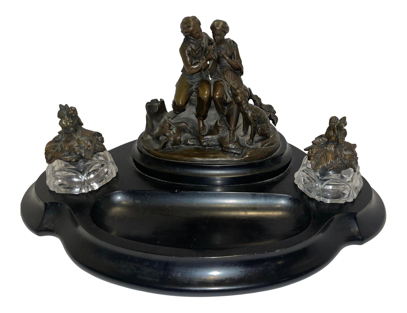 19th Century French Bronze and Crystal Double Inkwell Set With Sculpture, "Paul Et Virginie" - 5 Pie: Rare Antique 19th century French patinated bronze figural inkwell set; with a detailed cast bronze statuette figurine of Paul and Virginia (Paul et Virginie), reminiscent of the work of 19th-century s