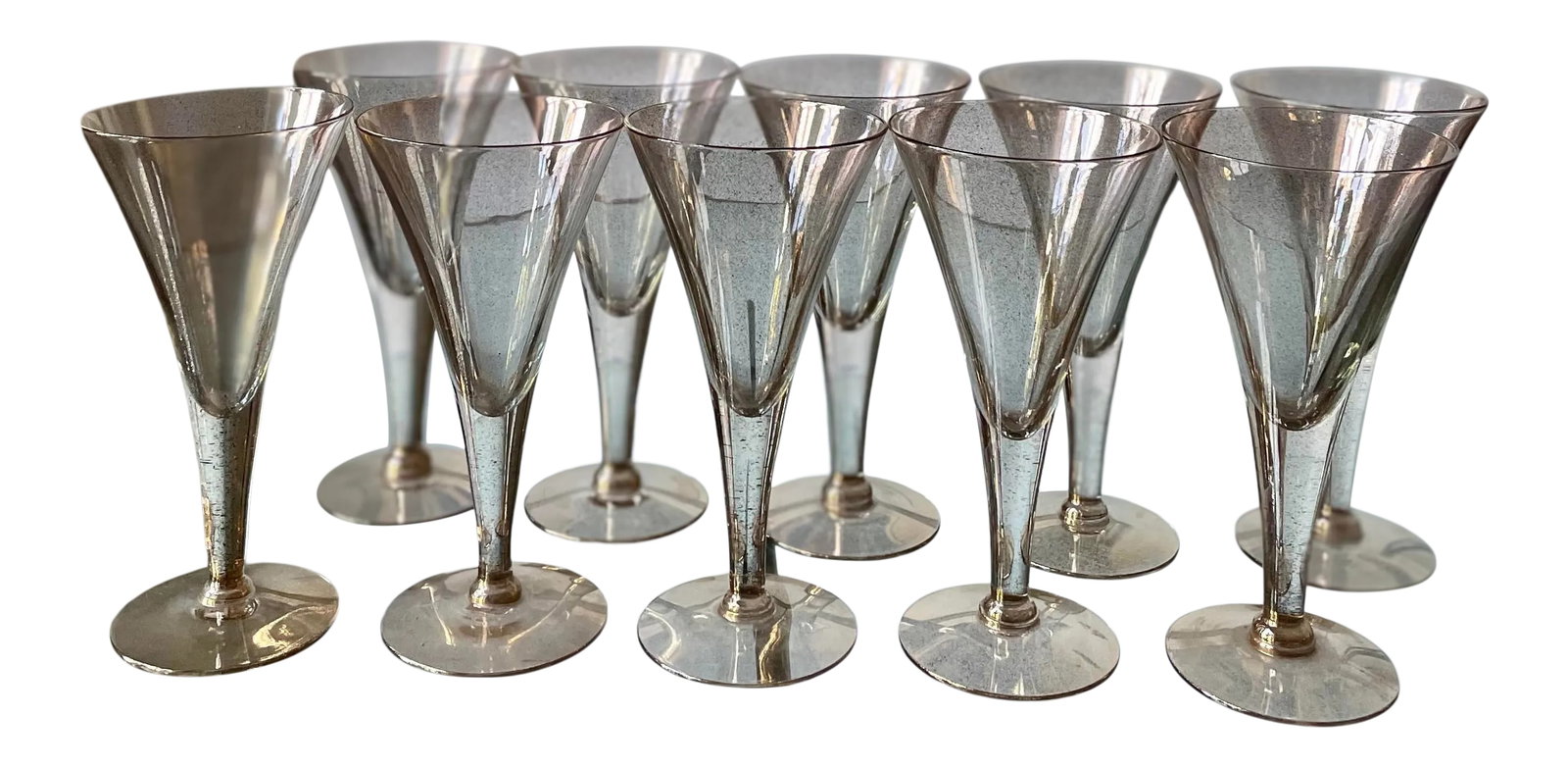 Vintage Dorothy Thorpe Gold Fleck Small Trumpet Cocktail Glasses - Set of 10: Set of ten vintage Dorothy Thorpe gold fleck small trumpet cocktail glasses. These are the mini version of the classics (the last image is for scale). Absolutely stunning and very rare! Great for
