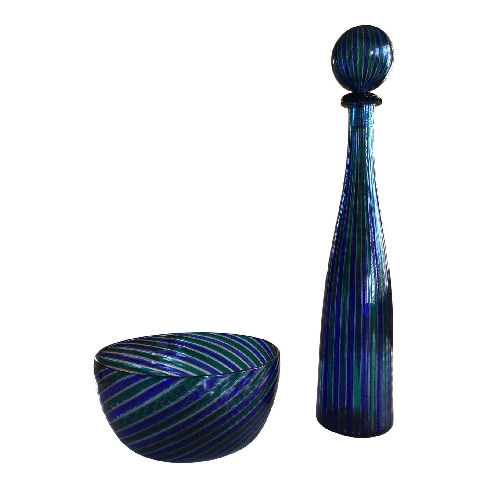 Vintage Venini Decanter and Bowl: When my husband and I were in Venice in the 70's, we purchased this lovely decanter and matching bowl. I was attracted to them not only because of the lovely shape, but by the beautiful blue and