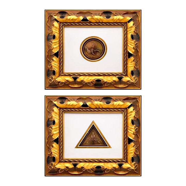 Art Deco Pair of Erte Limited Edition Bronze Medallions in Gold & Black Gilt Frames: A striking and highly collectible pair of limited edition bronze medallions by renowned Art Deco master Erte. Each sculptural relief is beautifully mounted within elaborate gold gilt frames featuring 
