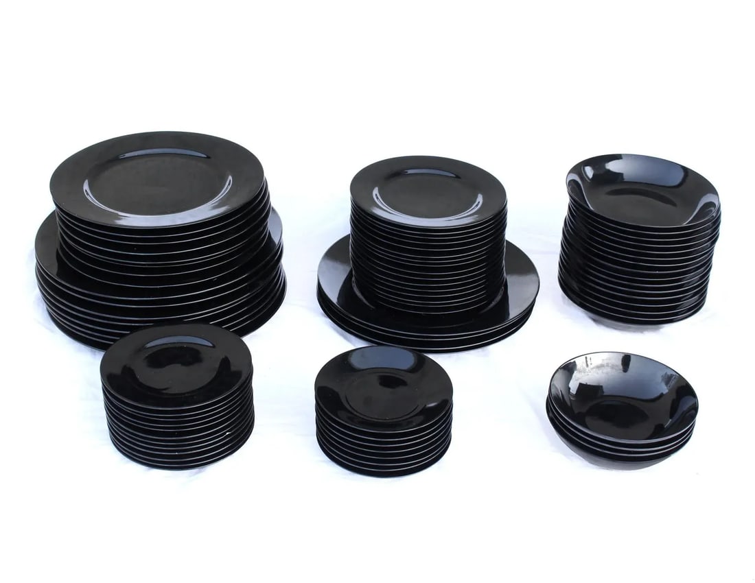 1970's Black Modern Taitu 'Uno' by Emilio Bergamin Plate & Bowl Dish Set - Set of 76 - 7