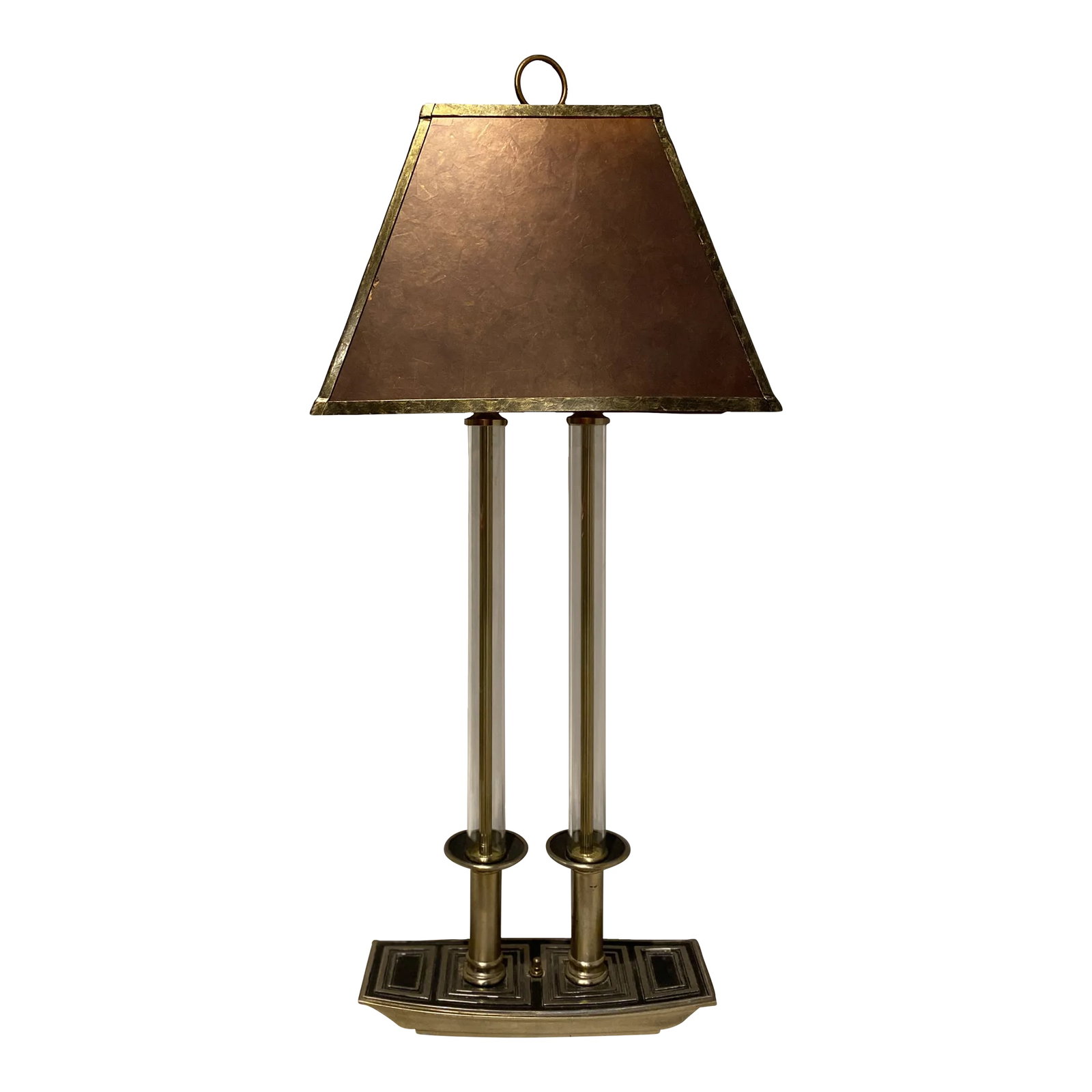 1950's Asian Modern Lamp Chinoiserie Tall Mica Shade James Mont Attributed: A 1950''s tall Asian Modern Chinoiserie style table lamp with double clear glass cylinders, curves pagoda like base and neck accent, and a spectacular tortoiseshell look brass frame mica shade. 35" H