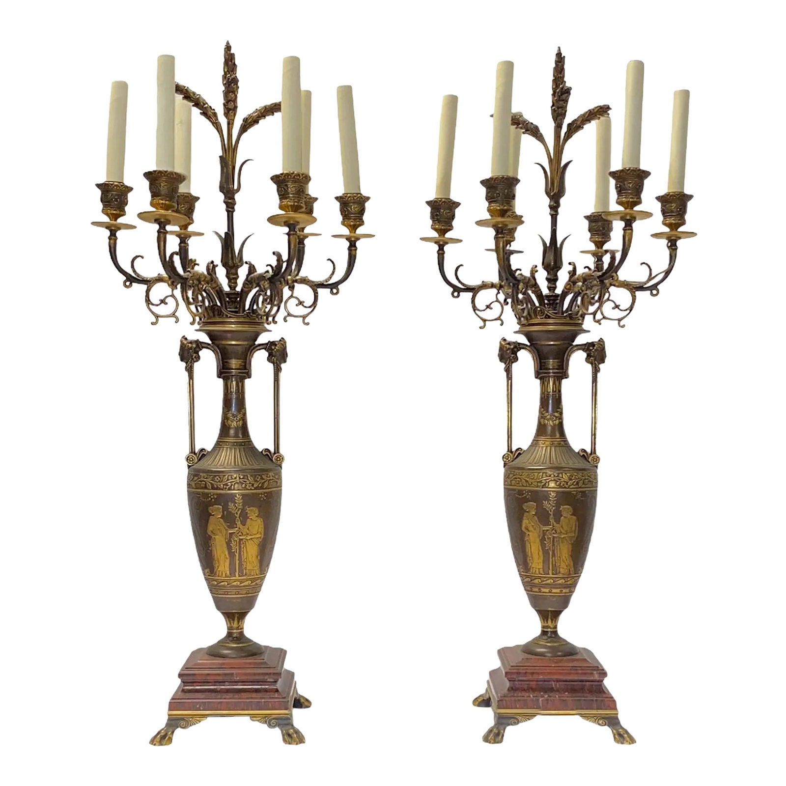 Greek revival F. Barbediene Bronze Candelabras - A Pair: Pair of large French 19 century Greek Revival patinated bronze candelabras with gilt highlights on Rouge marble bases. Wired as lamps . Signed : F. Barbedienne Fondeur. Condition: Alterations: Unknown